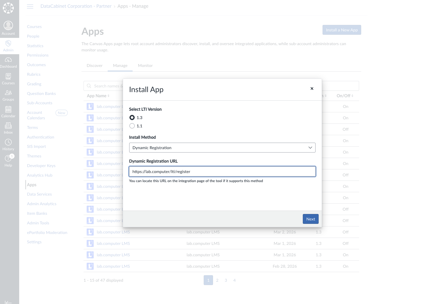Install App modal with Dynamic Registration URL