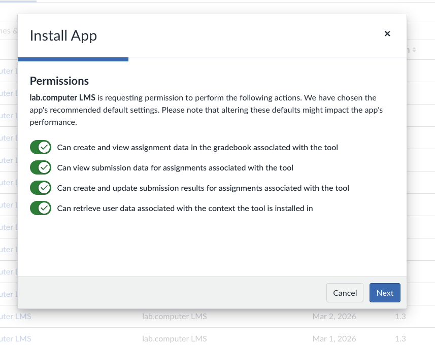 Install App permissions step