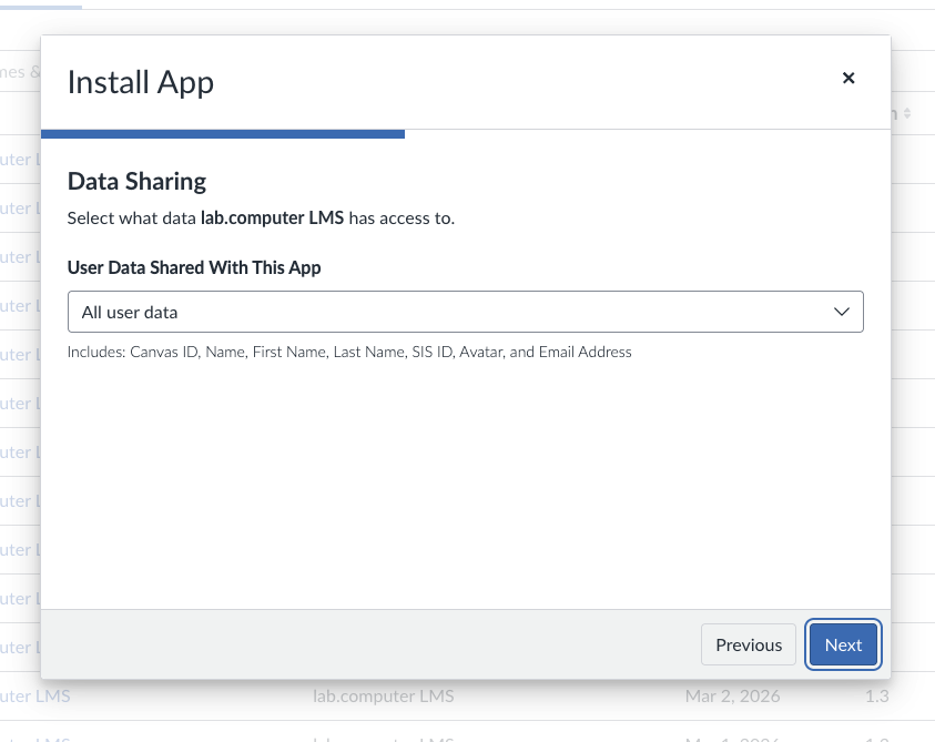 Install App data sharing step