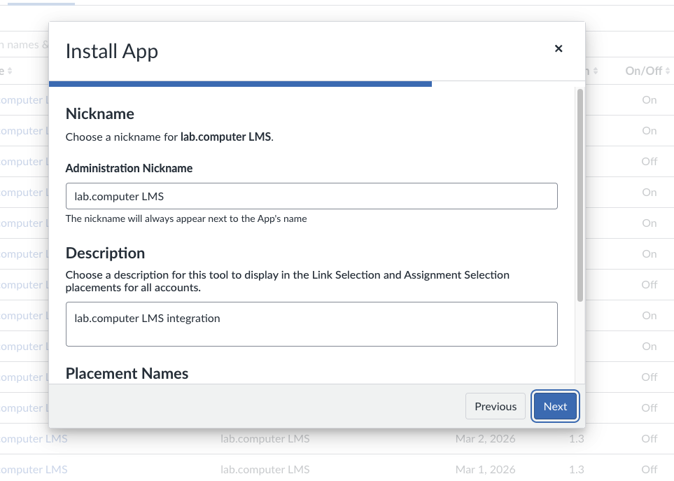 Install App nickname and description step