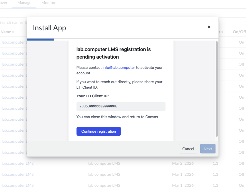 Pending activation screen with Continue registration and LTI Client ID